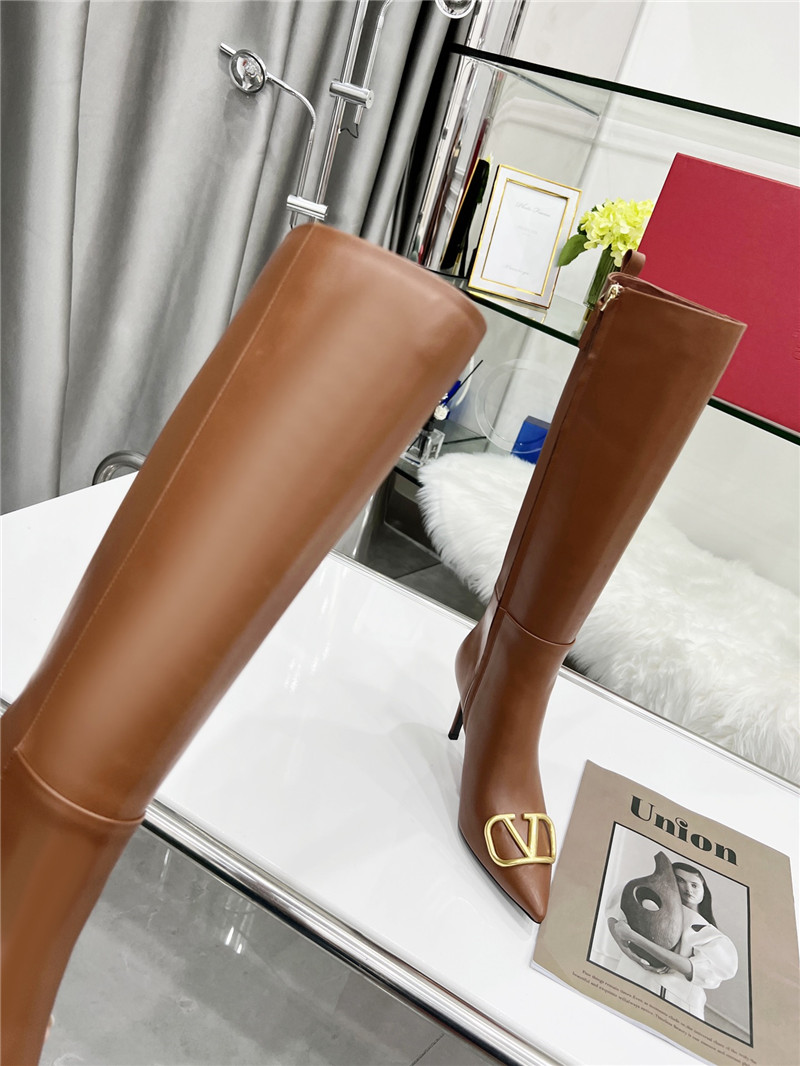 Va1e*ntin0 vlogo heeled brown calfskin knee-high boots
