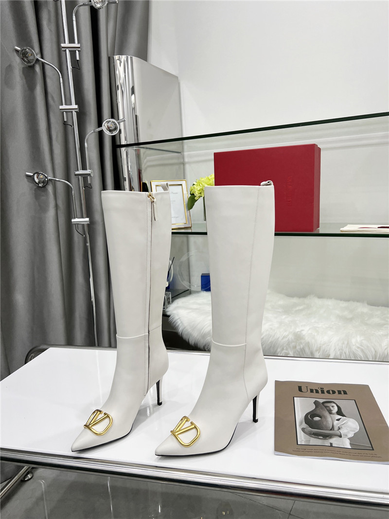 Va1e*ntin0 vlogo heeled white calfskin knee-high boots