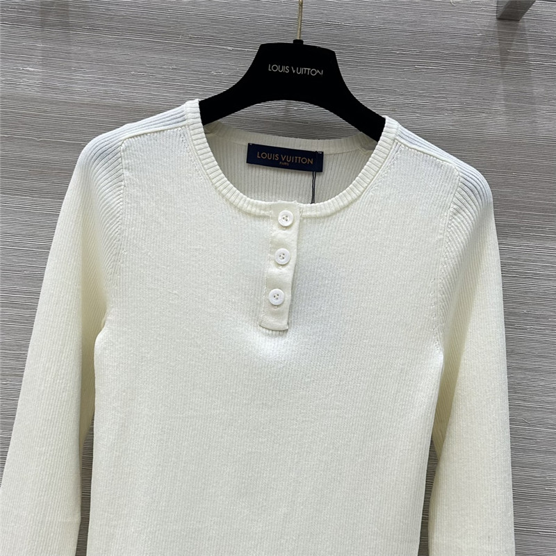 LV Long Sleeve Linen-Knit Top White