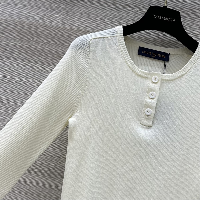 LV Long Sleeve Linen-Knit Top White