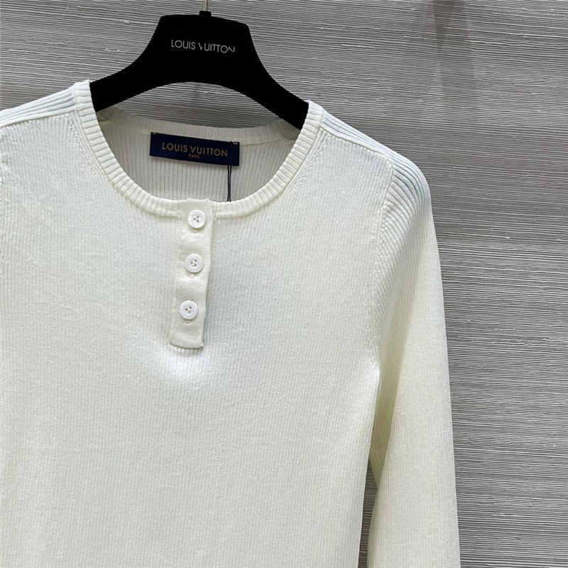 LV Long Sleeve Linen-Knit Top White