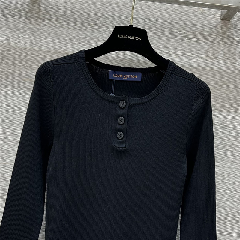 LV Long Sleeve Linen-Knit Top in Black