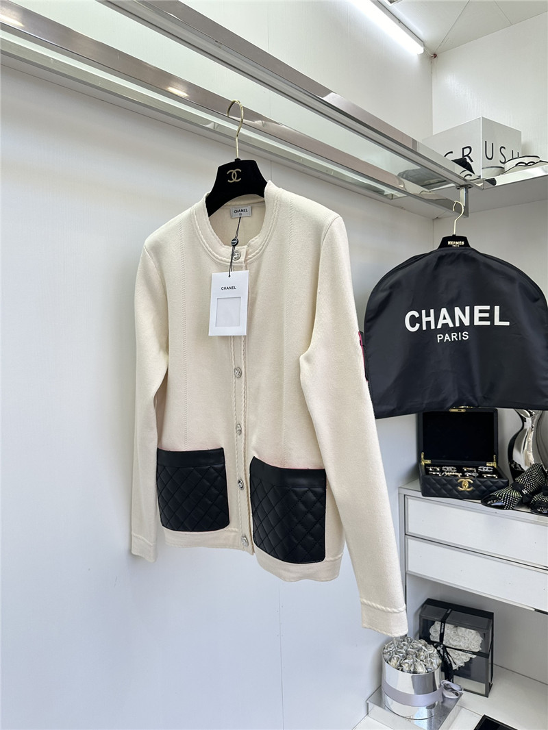 Ch**el white crewneck cardigan with leather pocket