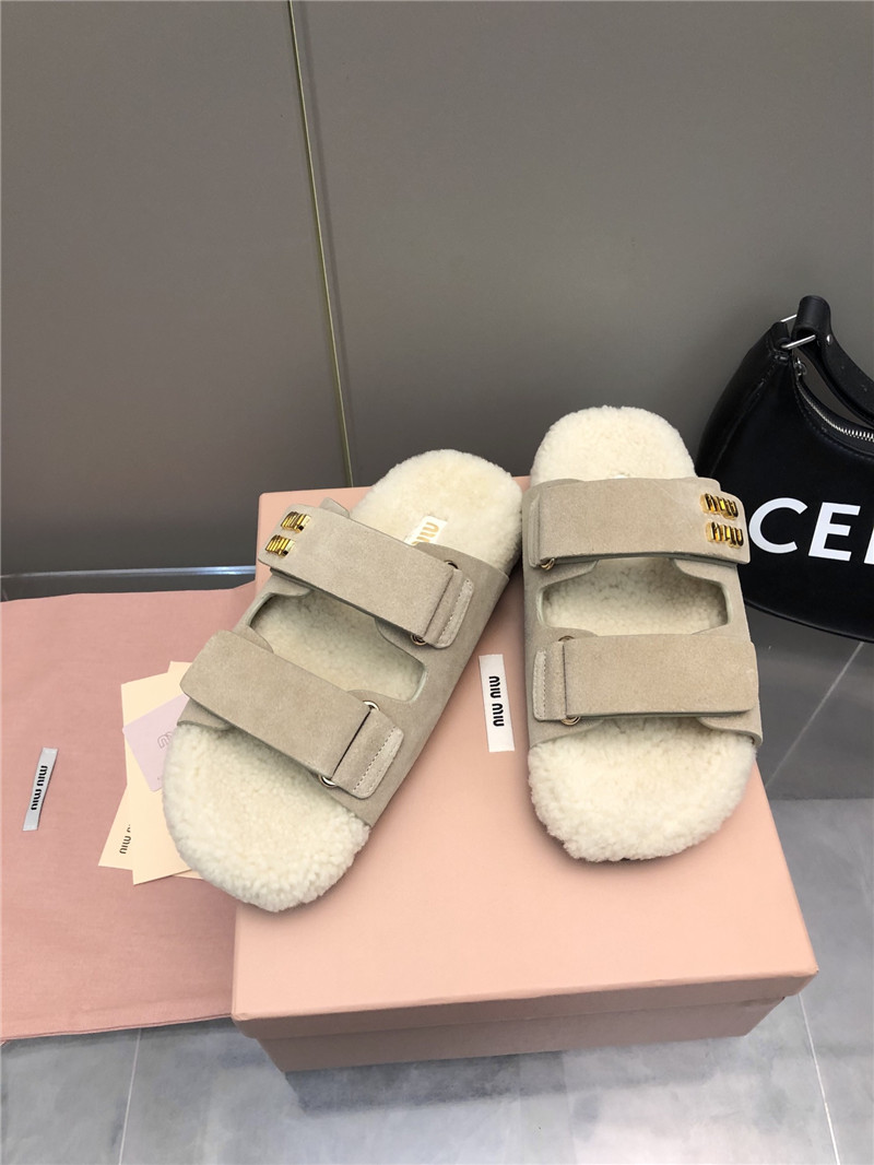 Miu Miu White Suede Shearling Slide Sandals