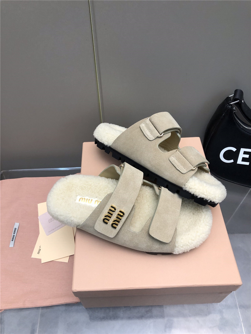 Miu Miu White Suede Shearling Slide Sandals