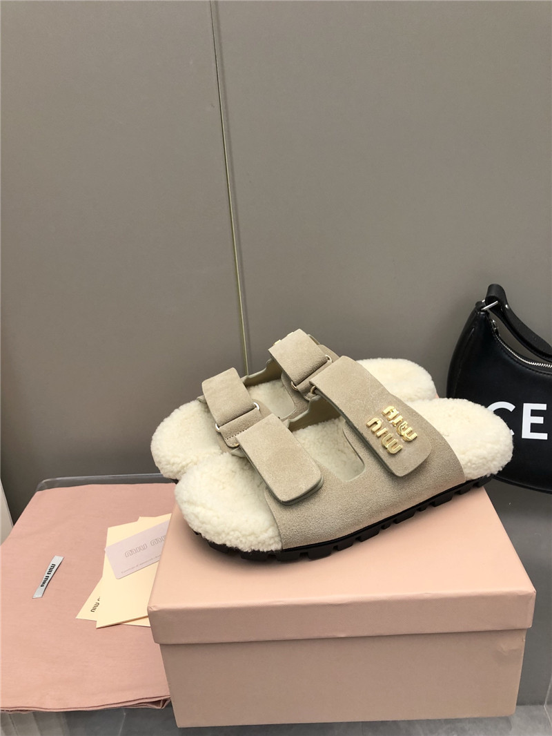 Miu Miu White Suede Shearling Slide Sandals