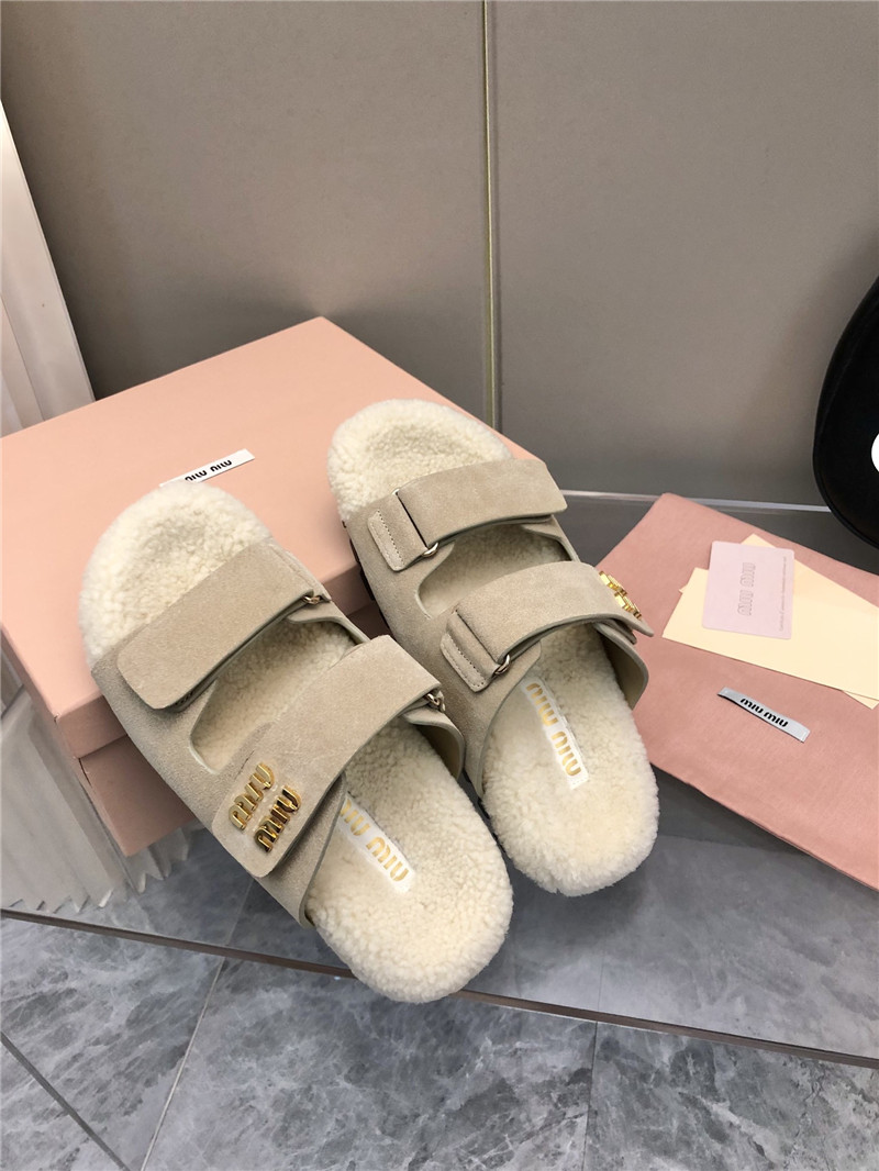 Miu Miu White Suede Shearling Slide Sandals