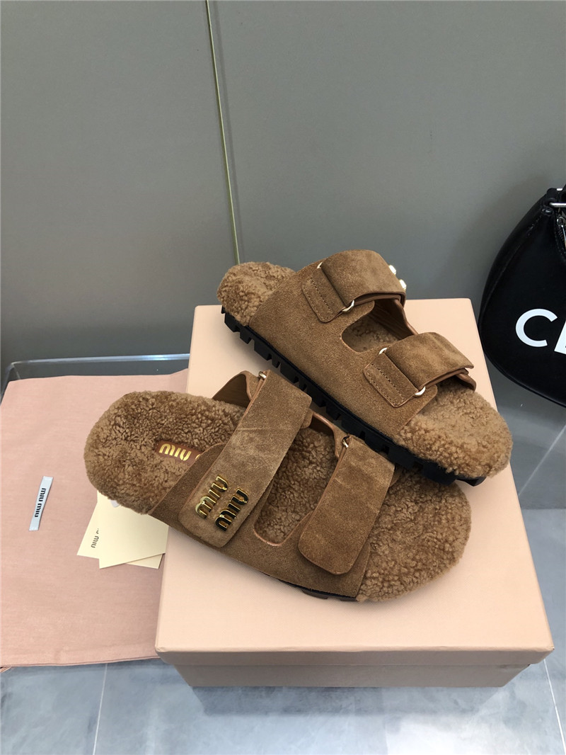 Miu Miu Brown Suede Shearling Slide Sandals