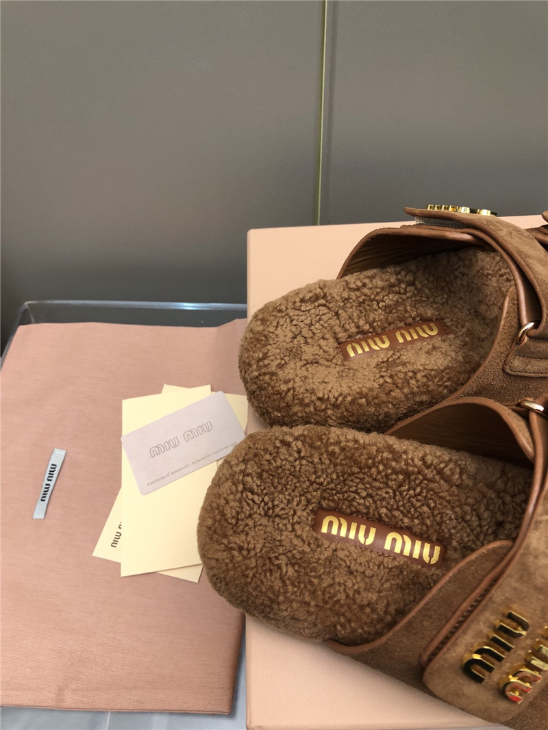 Miu Miu Brown Suede Shearling Slide Sandals