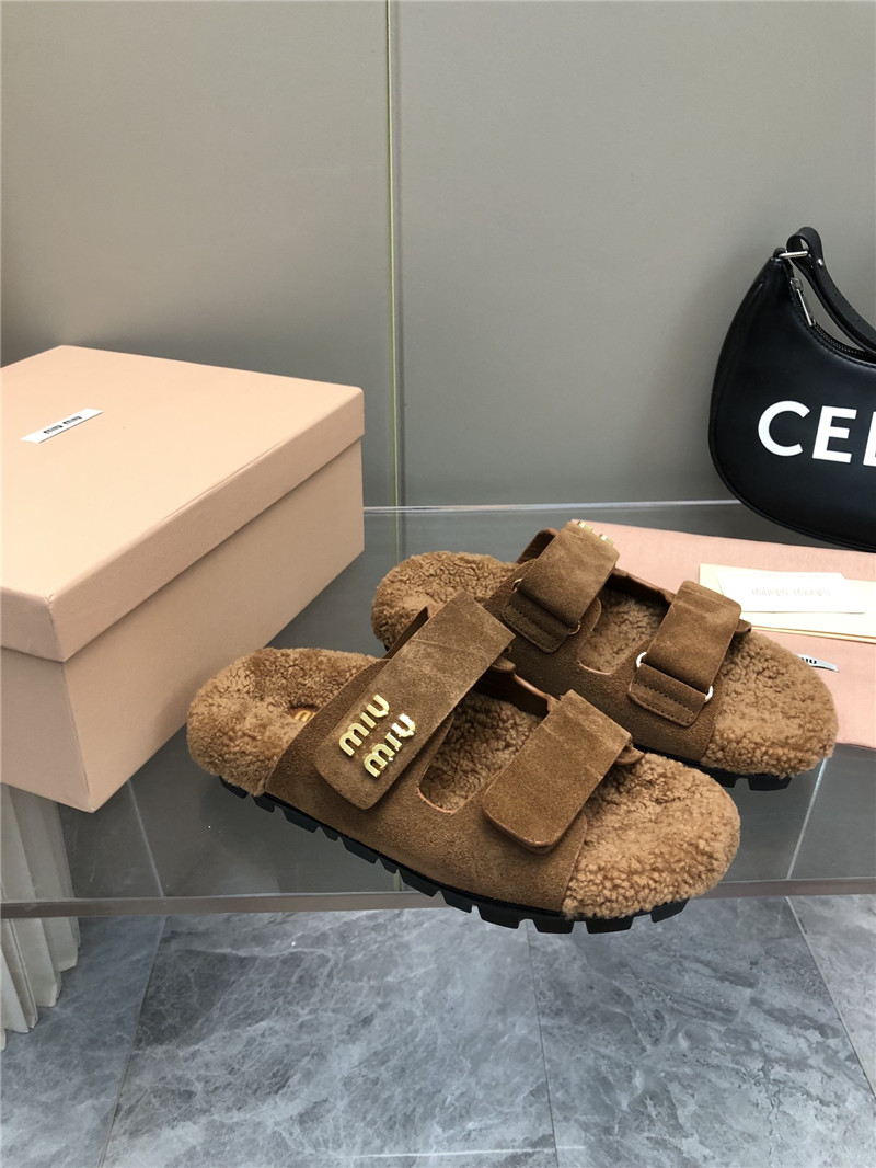 Miu Miu Brown Suede Shearling Slide Sandals