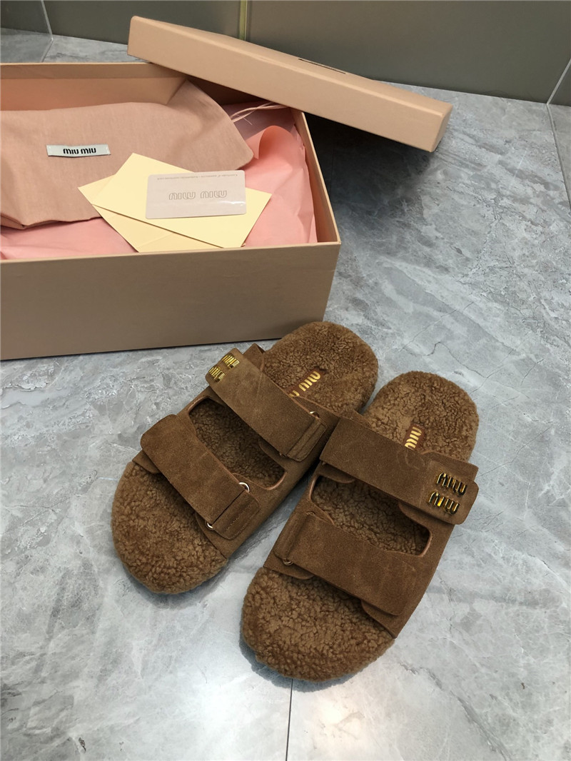 Miu Miu Brown Suede Shearling Slide Sandals