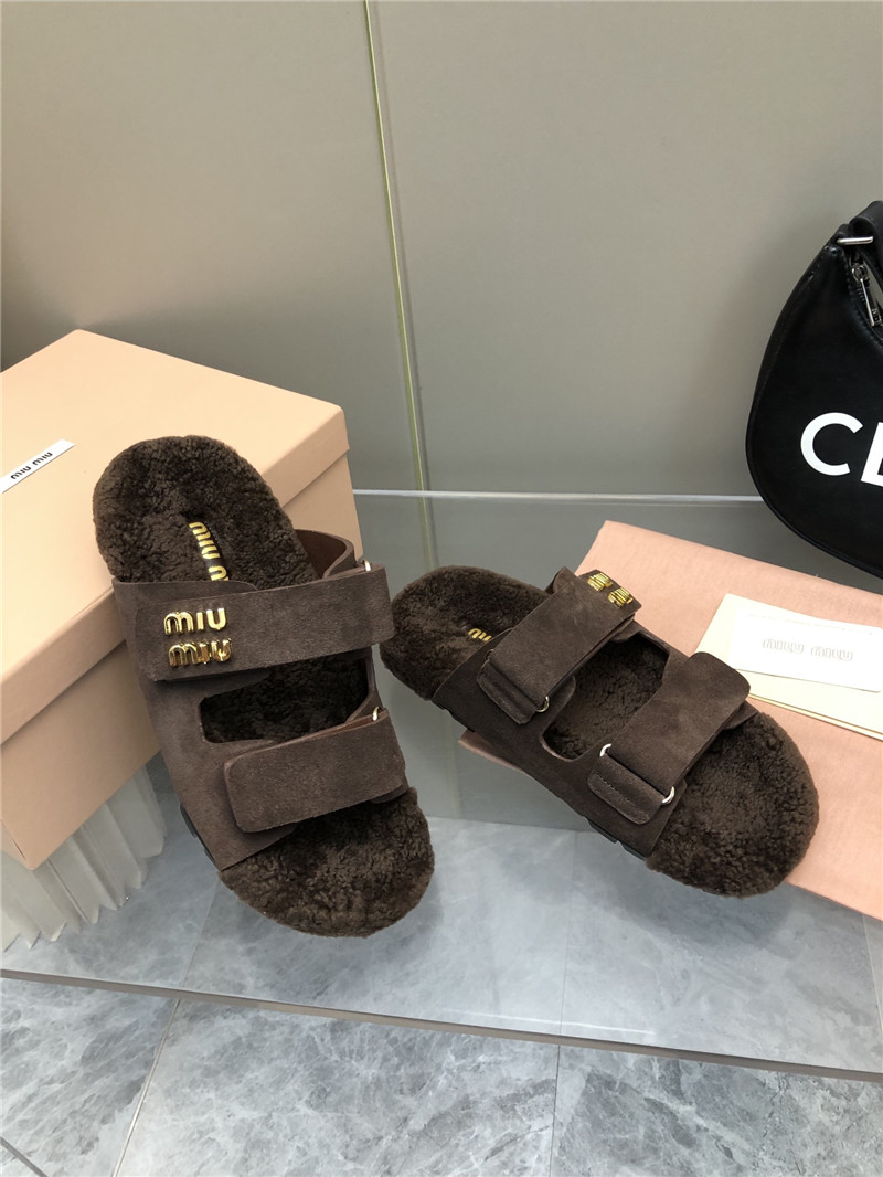 Miu Miu Dark Brown Suede Shearling Slide Sandals