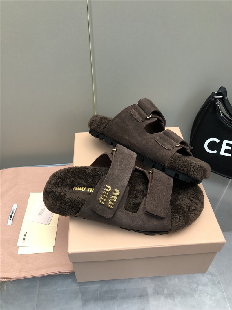 Miu Miu Dark Brown Suede Shearling Slide Sandals