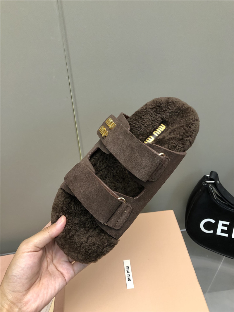 Miu Miu Dark Brown Suede Shearling Slide Sandals
