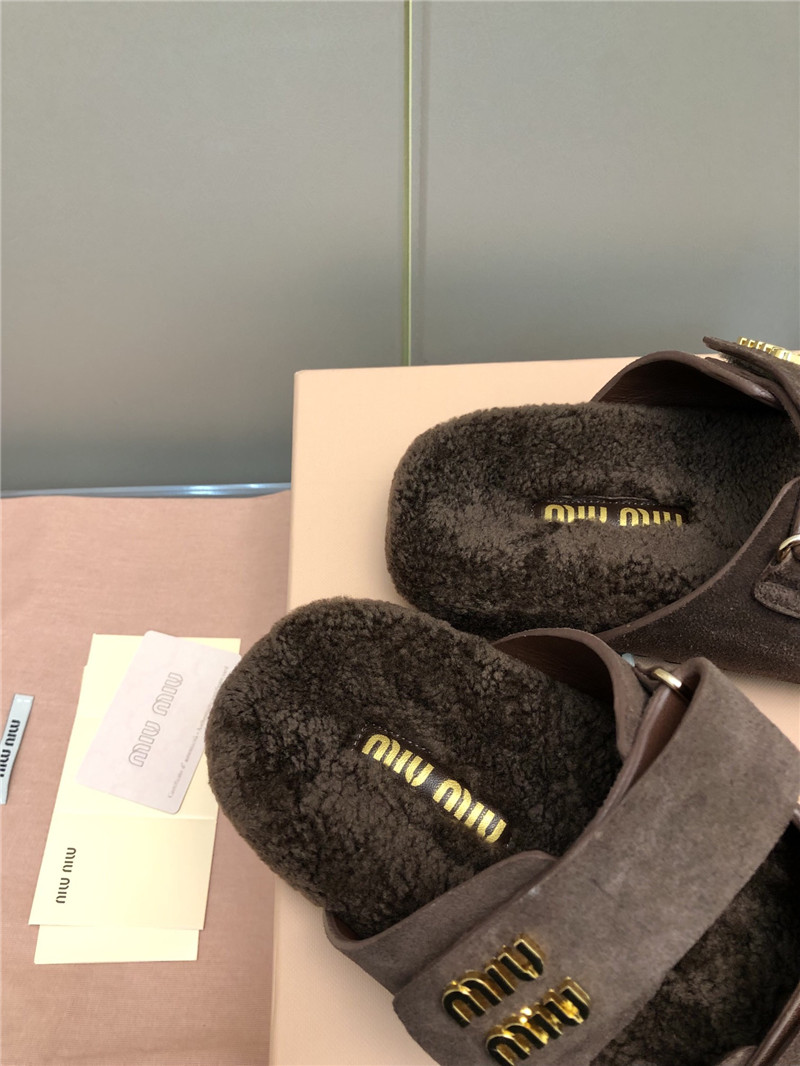 Miu Miu Dark Brown Suede Shearling Slide Sandals