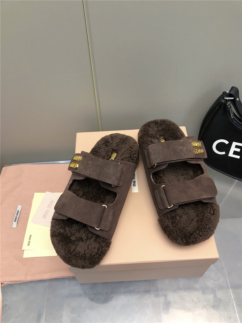 Miu Miu Dark Brown Suede Shearling Slide Sandals