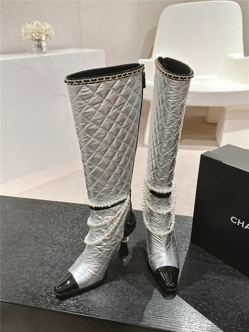Ch**el silver leather pearl high boots