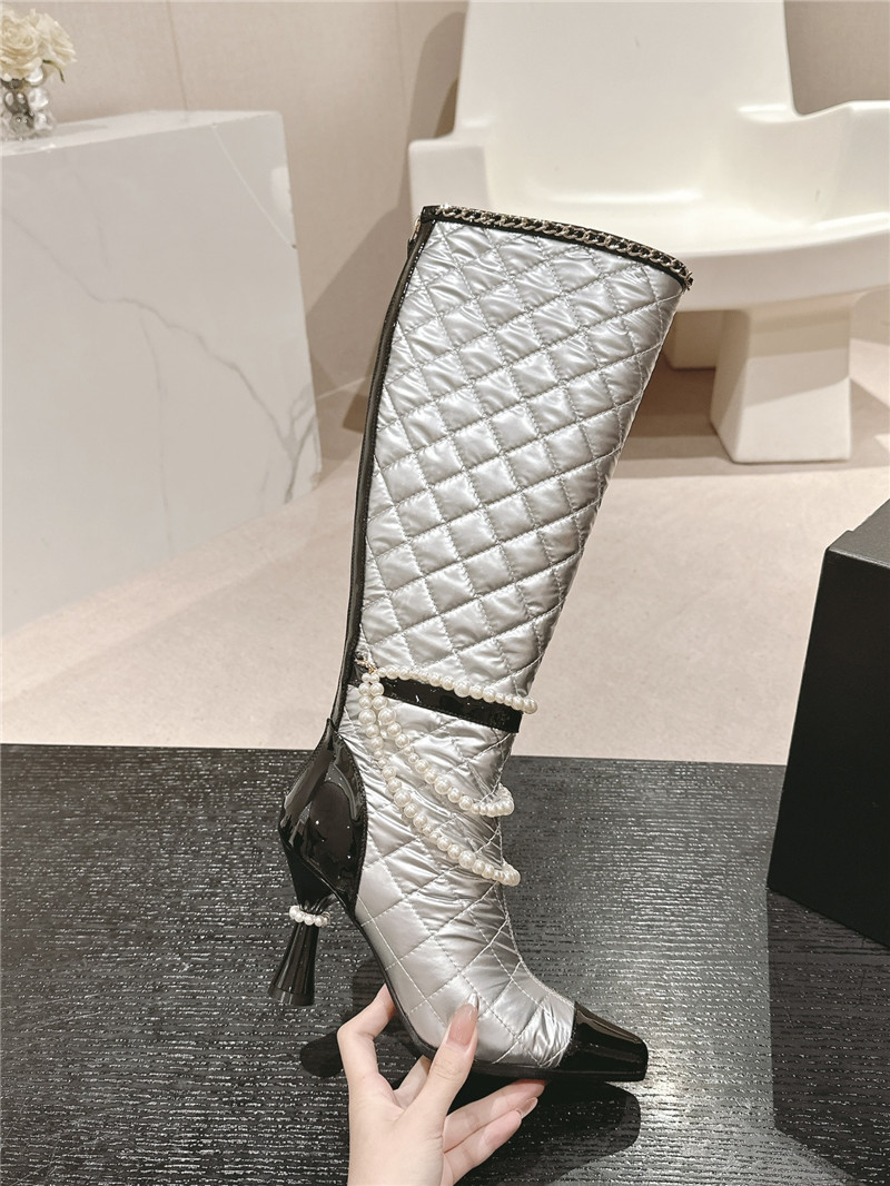 Ch**el silver leather pearl high boots