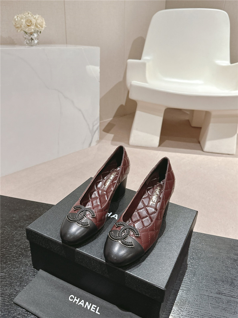 Ch**el burgundy/black quilted leather cap toe pumps