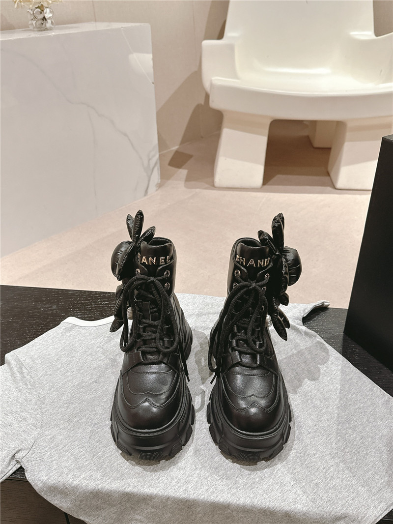 Ch**el calfskin lace-up platform round toe ankle boots