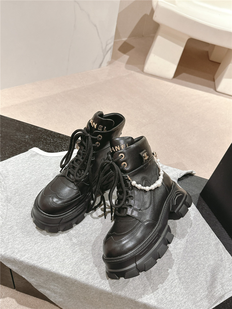 Ch**el calfskin lace-up platform round toe ankle boots