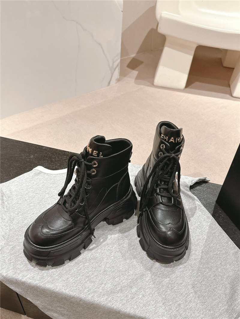 Ch**el calfskin lace-up platform round toe ankle boots