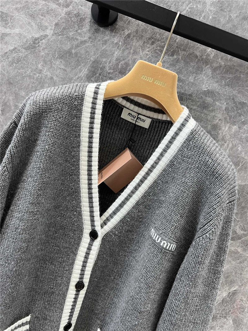 Miu Miu Stripe V-Neck Wool Cardigan in Grey
