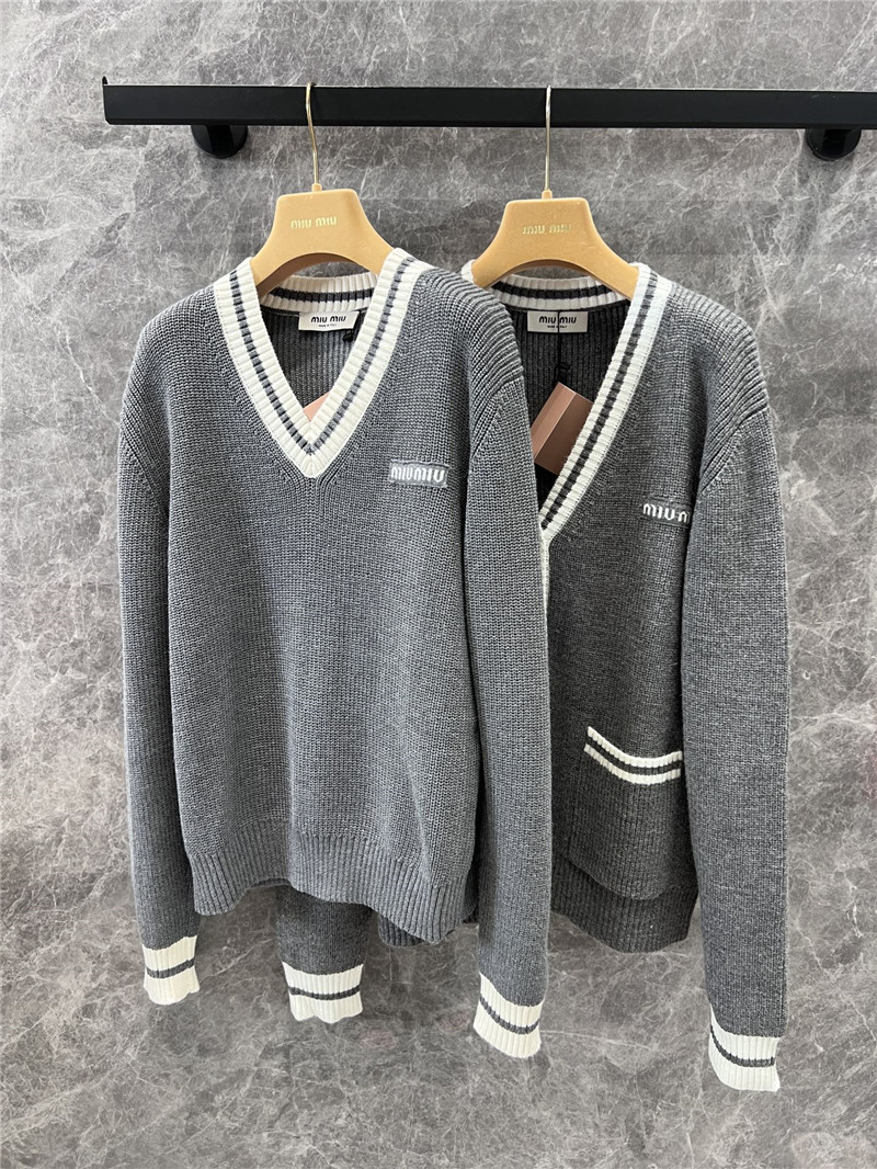 Miu Miu Stripe V-Neck Wool Cardigan in Grey
