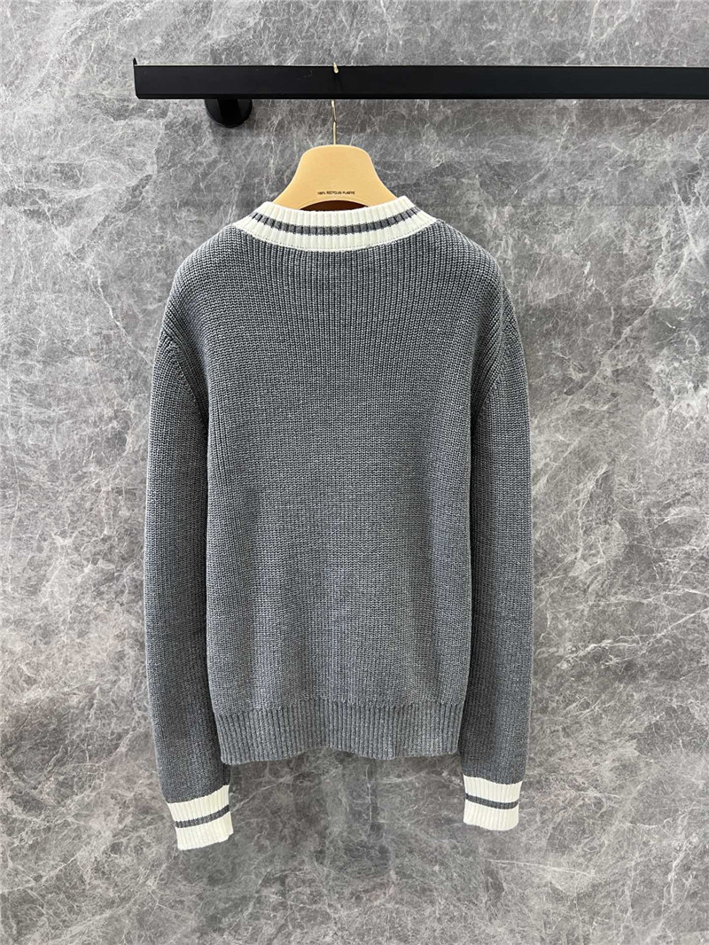 Miu Miu Stripe V-Neck Wool Sweater in Grey