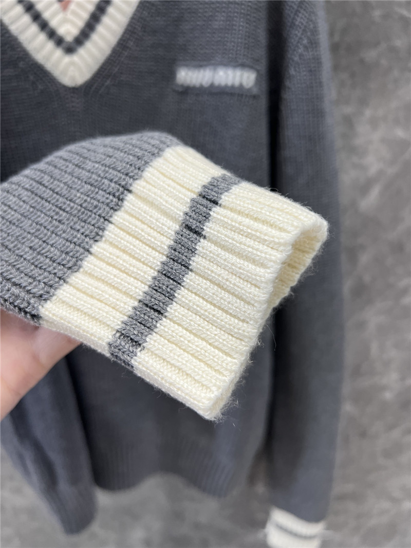 Miu Miu Stripe V-Neck Wool Sweater in Grey