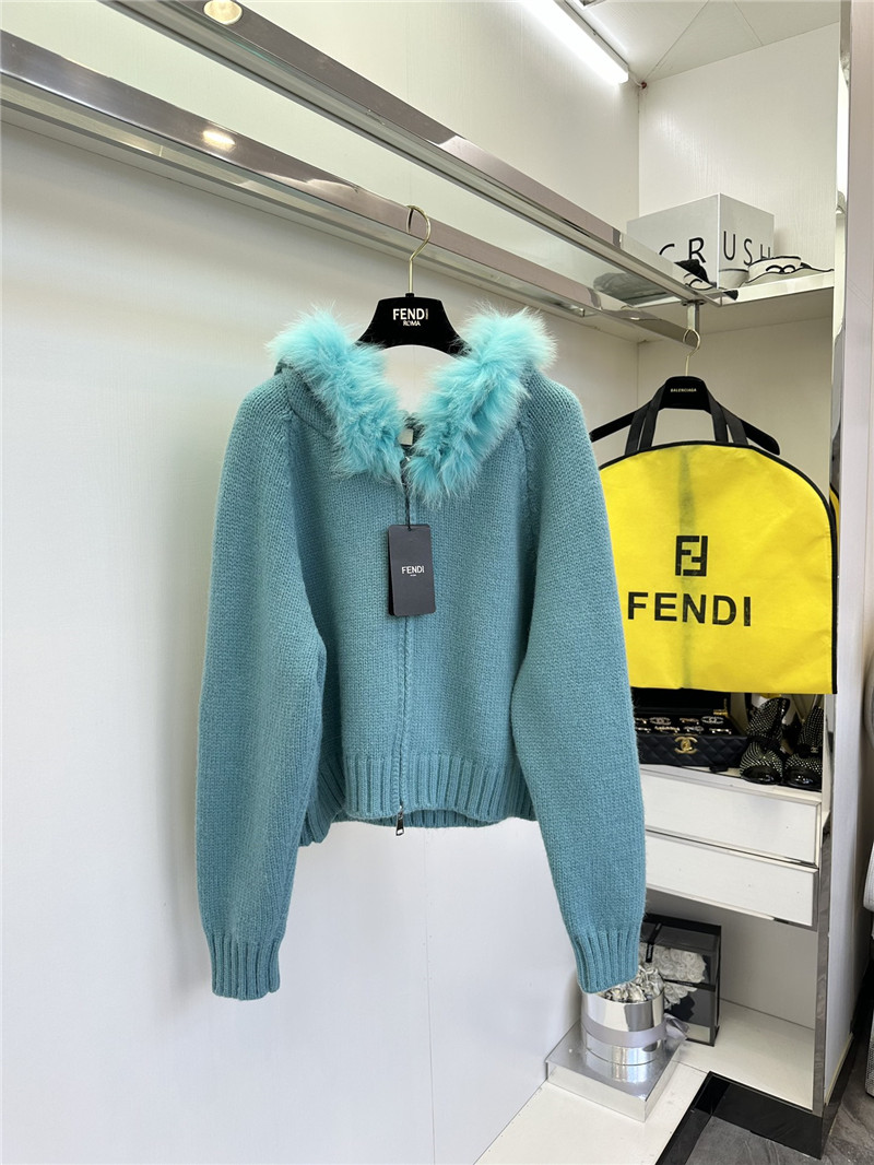 F**di fur-trim hooded zip sweater blue