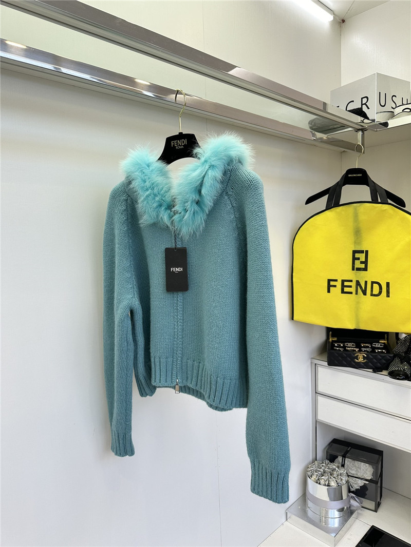 F**di fur-trim hooded zip sweater blue