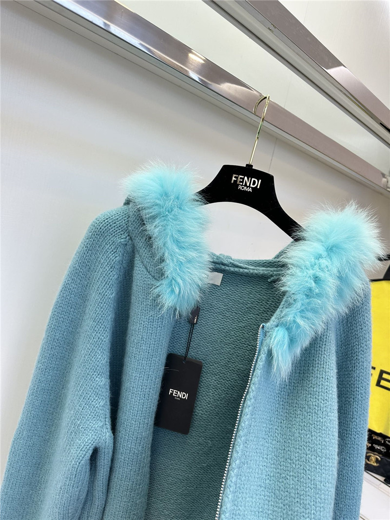 F**di fur-trim hooded zip sweater blue