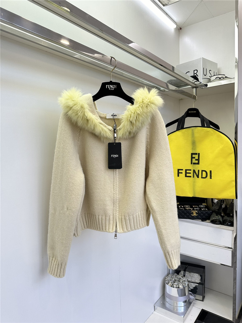 F**di fur-trim hooded zip sweater ivory