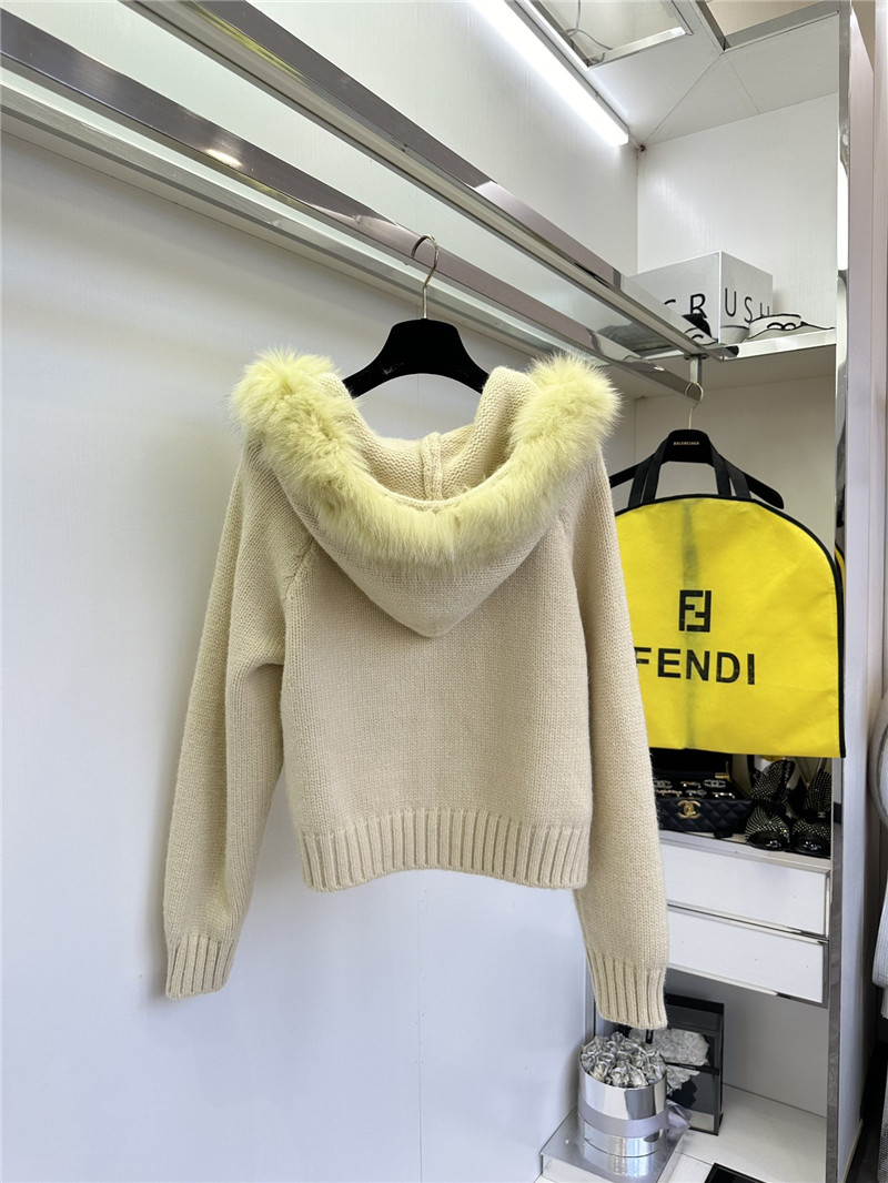 F**di fur-trim hooded zip sweater ivory