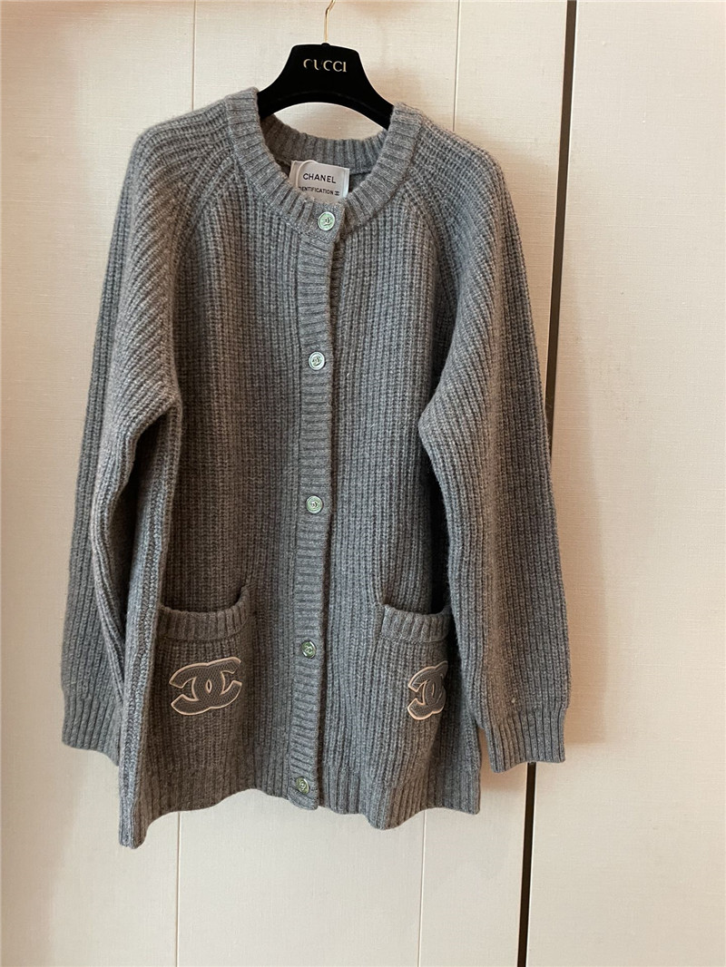 Ch**el pocket rib wool cardigan in grey