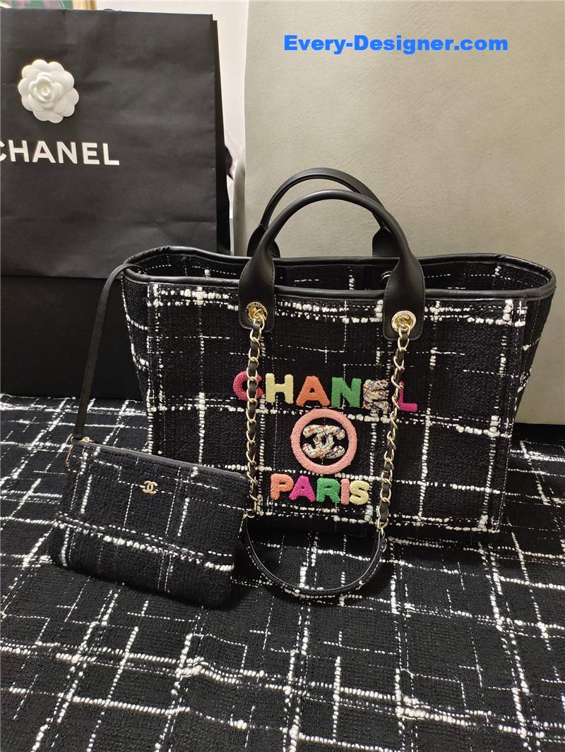 Chanel colorful letters woolen plaid beach bag