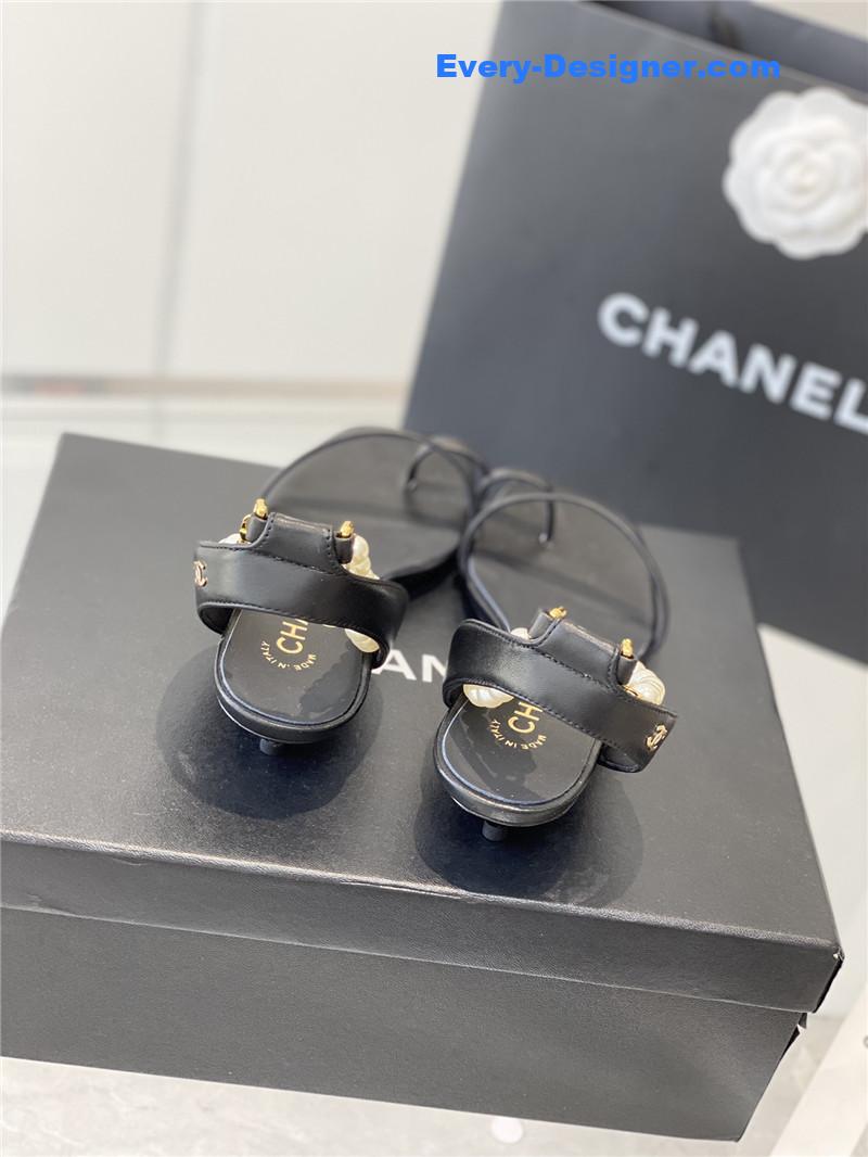 Chanel Black Pearl Ankle Strap Flat Sandals
