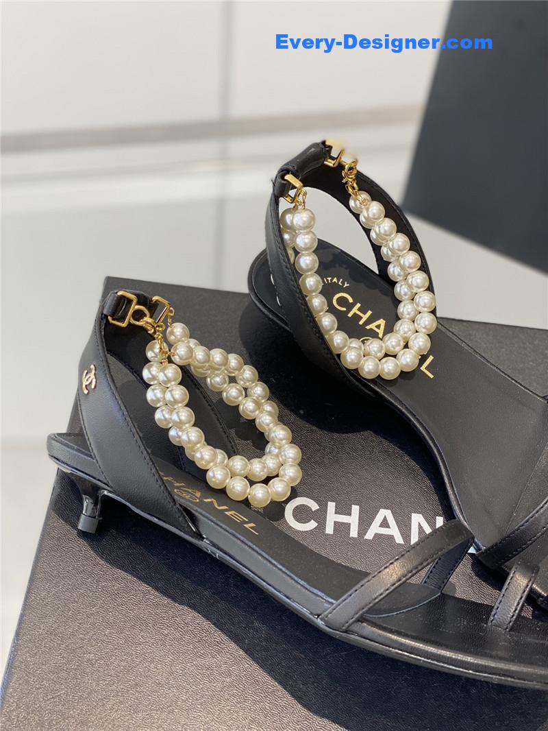 Chanel Black Pearl Ankle Strap Flat Sandals