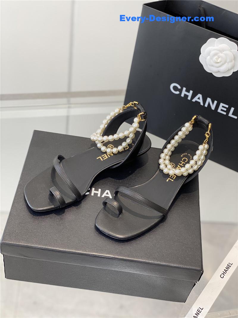 Chanel Black Pearl Ankle Strap Flat Sandals
