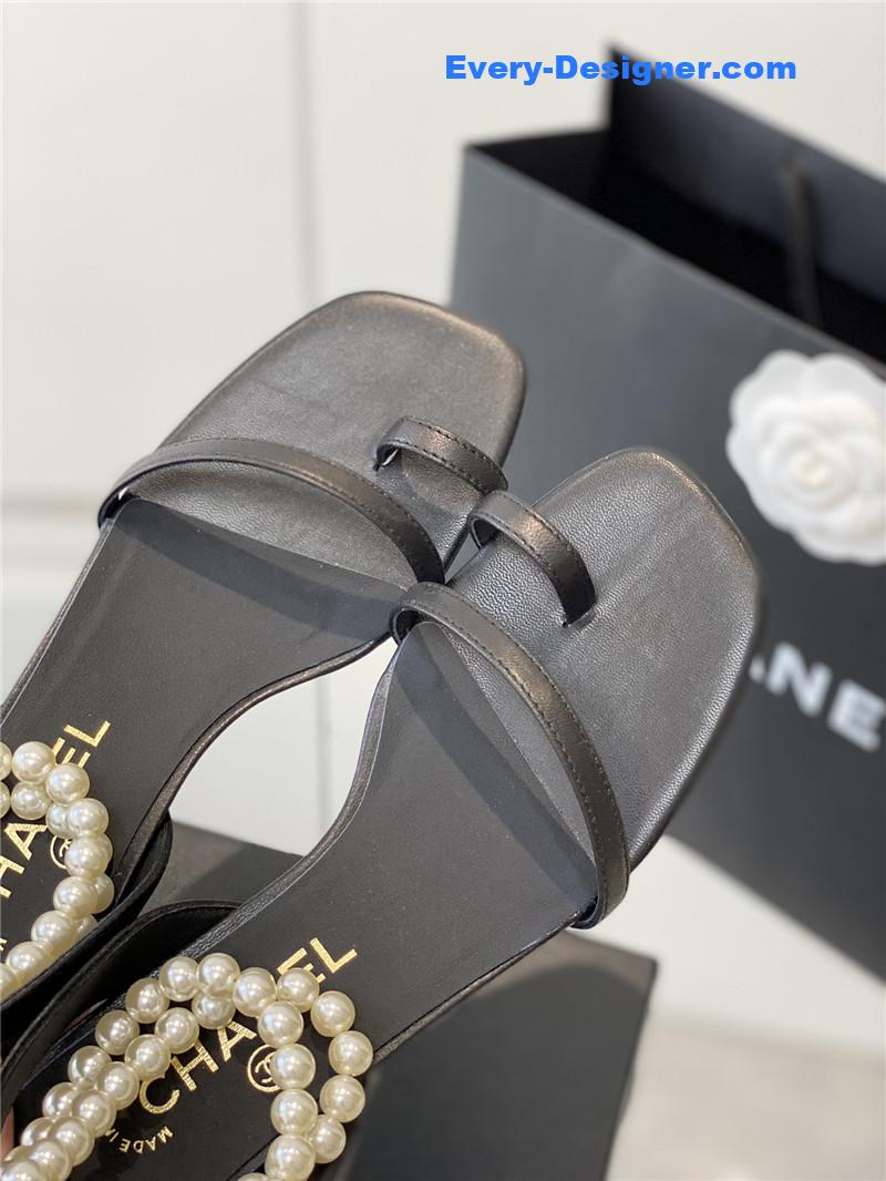 Chanel Black Pearl Ankle Strap Flat Sandals