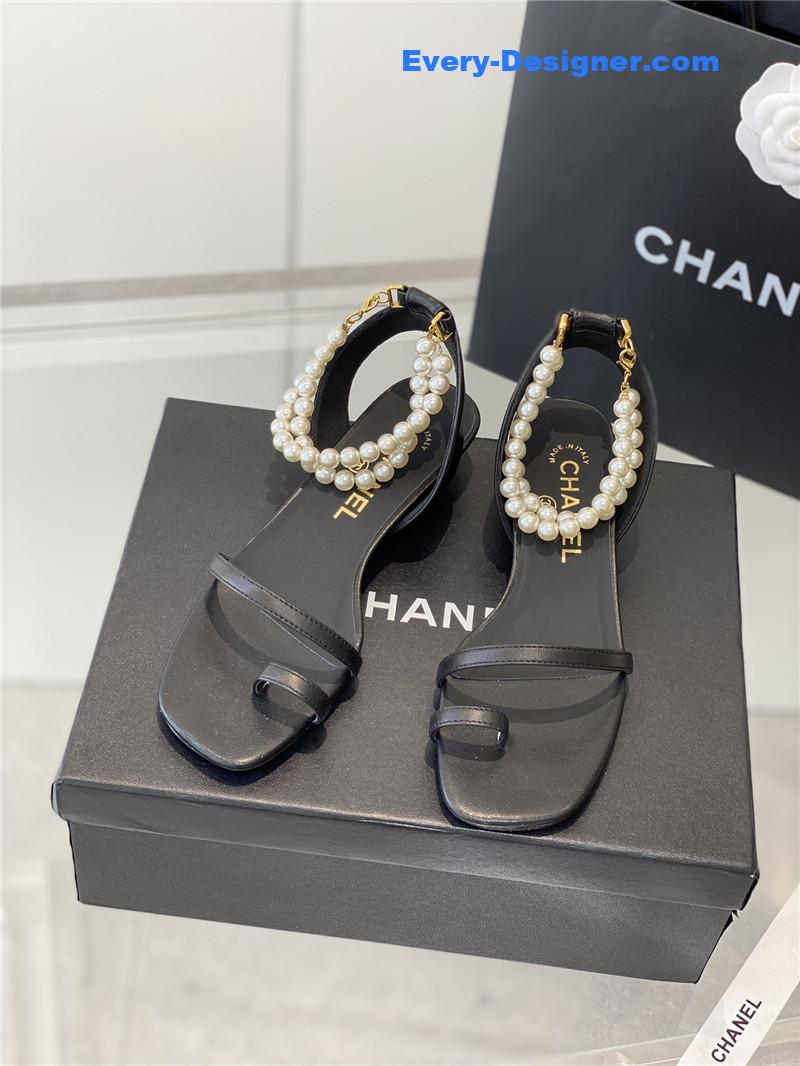 Chanel Black Pearl Ankle Strap Flat Sandals