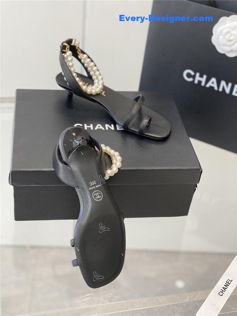 Chanel Black Pearl Ankle Strap Flat Sandals