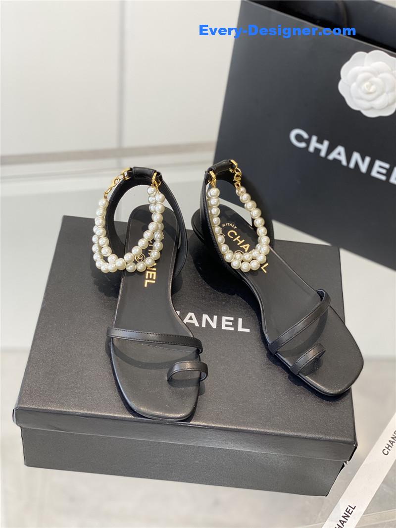 Chanel Black Pearl Ankle Strap Flat Sandals