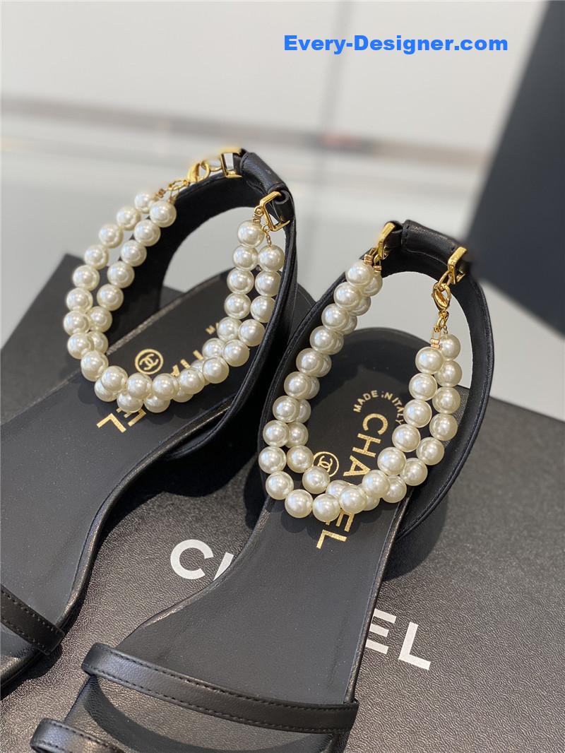 Chanel Black Pearl Ankle Strap Flat Sandals
