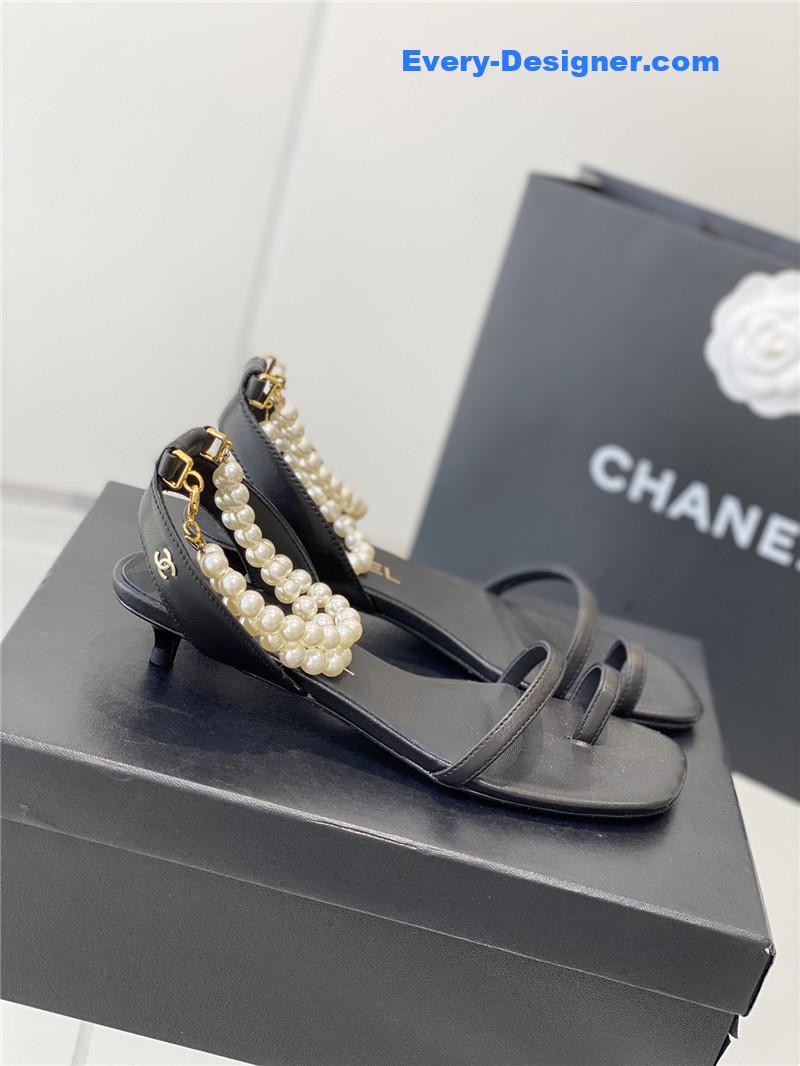 Chanel Black Pearl Ankle Strap Flat Sandals