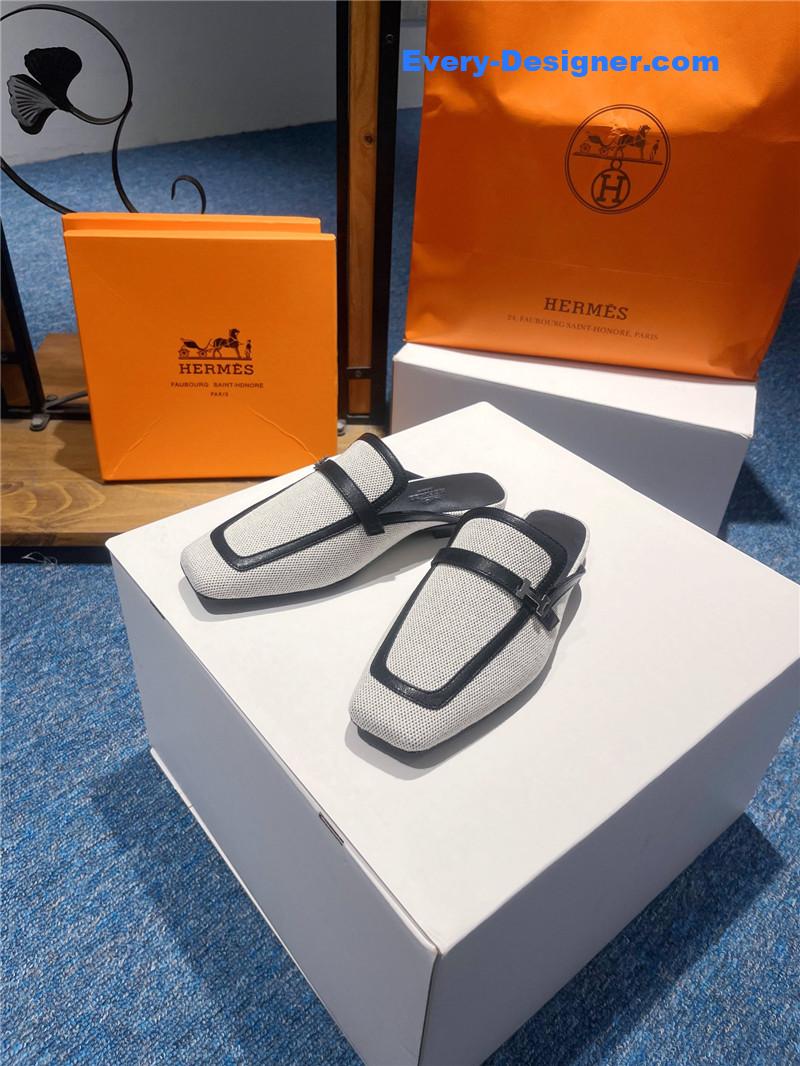 Hermes Square Toe H Buckle Mules Half Slippers
