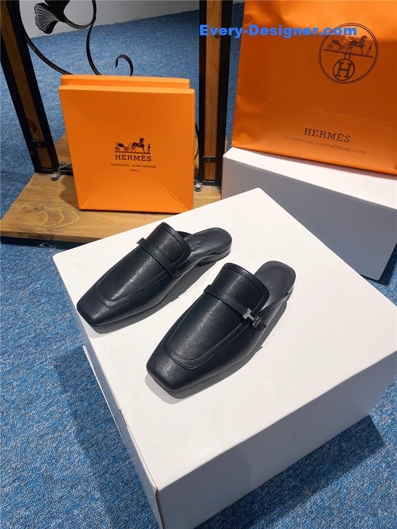 Hermes Square Toe H Buckle Mules Half Slippers