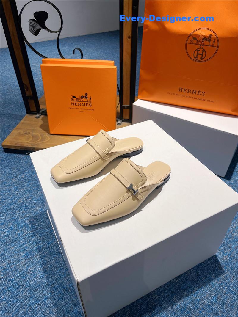 Hermes Square Toe H Buckle Mules Half Slippers