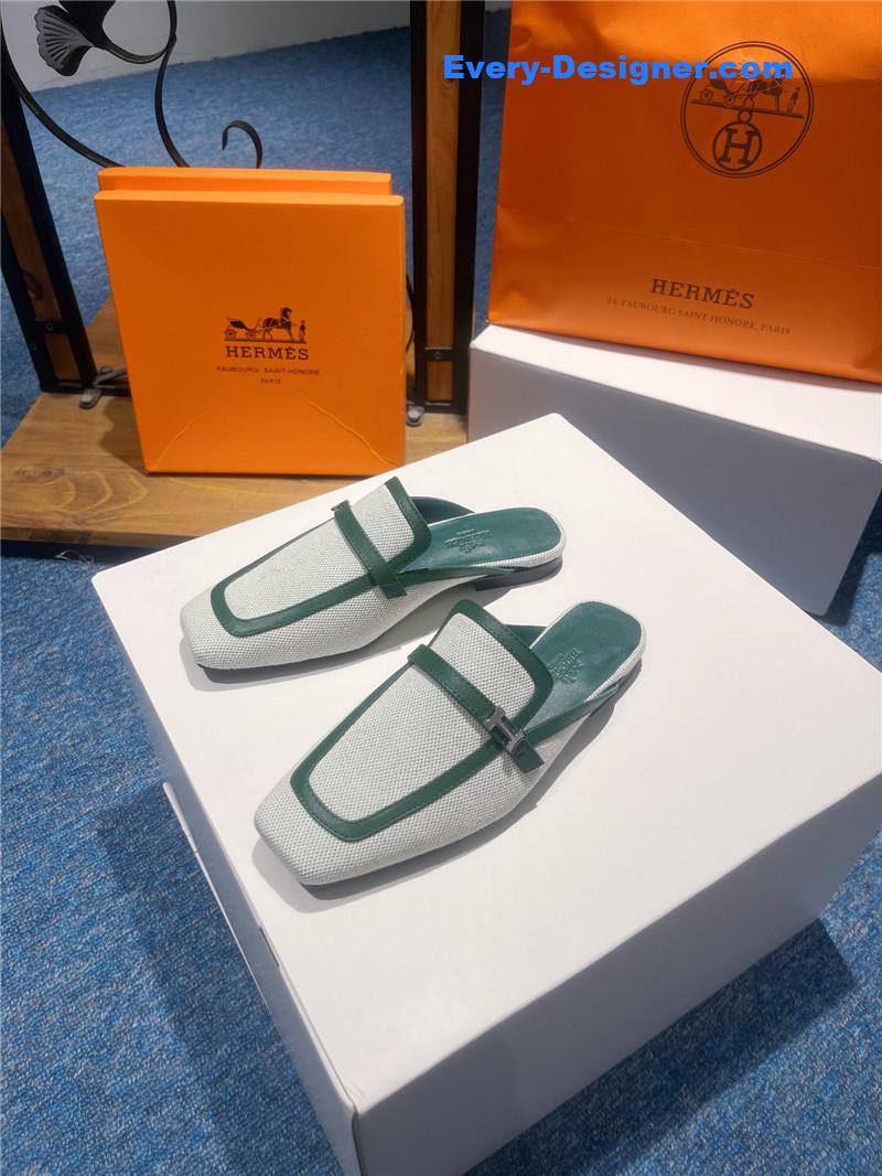 Hermes Square Toe H Buckle Mules Half Slippers